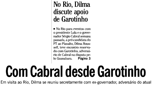 No alto a manchete da capa. Abaixo a manchete da página 3, de O GLOBO