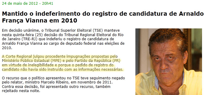 Reprodução do site do TSE; ao lado Arnaldo Vianna (Clique na imagem para ampliar)