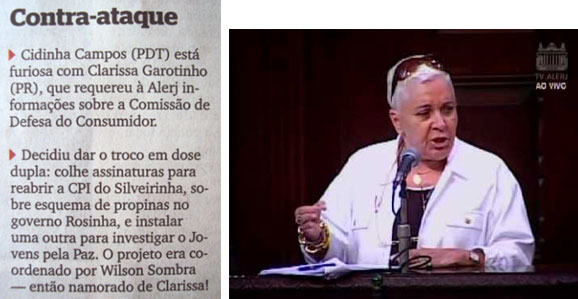 Nota da coluna Extra, Extra; ao lado a deputada EnlouqueCidinha Campos em mais um momento de fúria berrandoe destilando ódio na tribuna da ALERJ