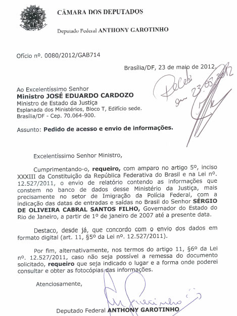 Ofício enviado por Garotinho