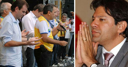 Paes e Lindberg (ao lado meio encoberto) oram com evangélicos; e Fernando Haddad