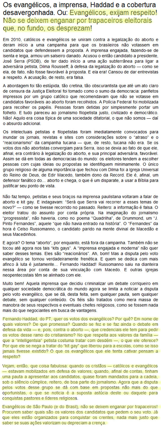 Reprodução do blog de Reinaldo Azevedo, da Veja