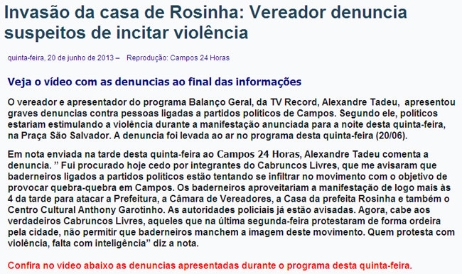 Reprodução do site Campos 24 horas