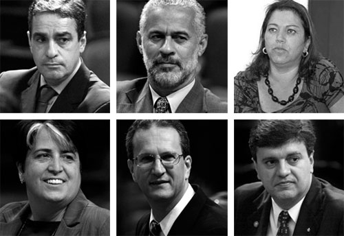 Em cima, da esquerda para a direita: André Ceciliano, Gilberto Palmares e Cida Diogo; embaixo: Inês Pandeló, Nilton Salomão e Robson Leite