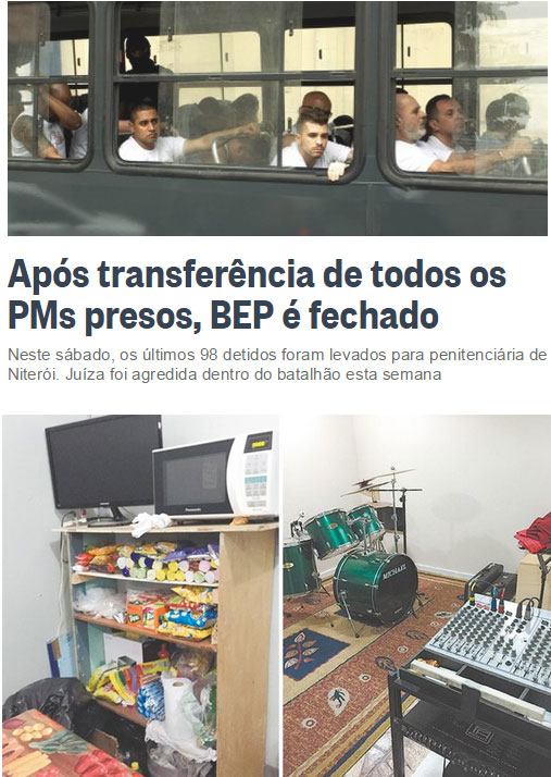 Reprodução do Globo online; abaixo, celas do BEP até com estúdio musical com bateria