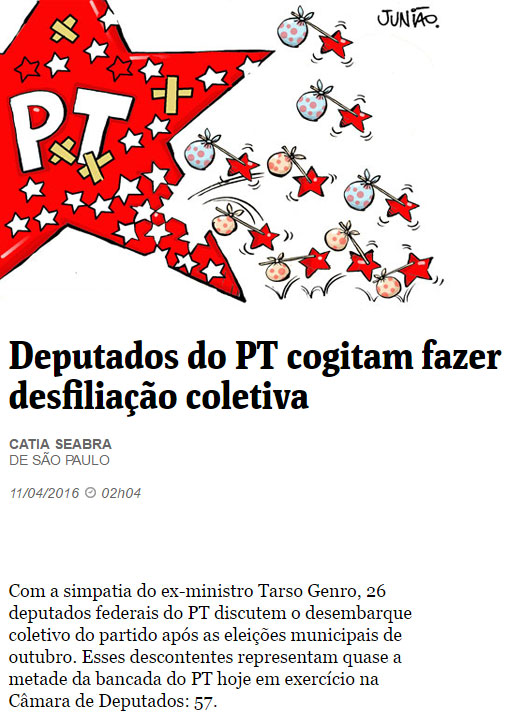 Charge de Junião; abaixo reprodução da Folha de S.Paulo
