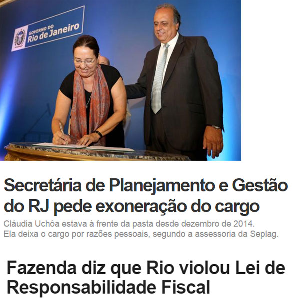 Pezão na posse da secretária Cláudia Uchôa; abaixo manchetes do G1 e de O Dia online