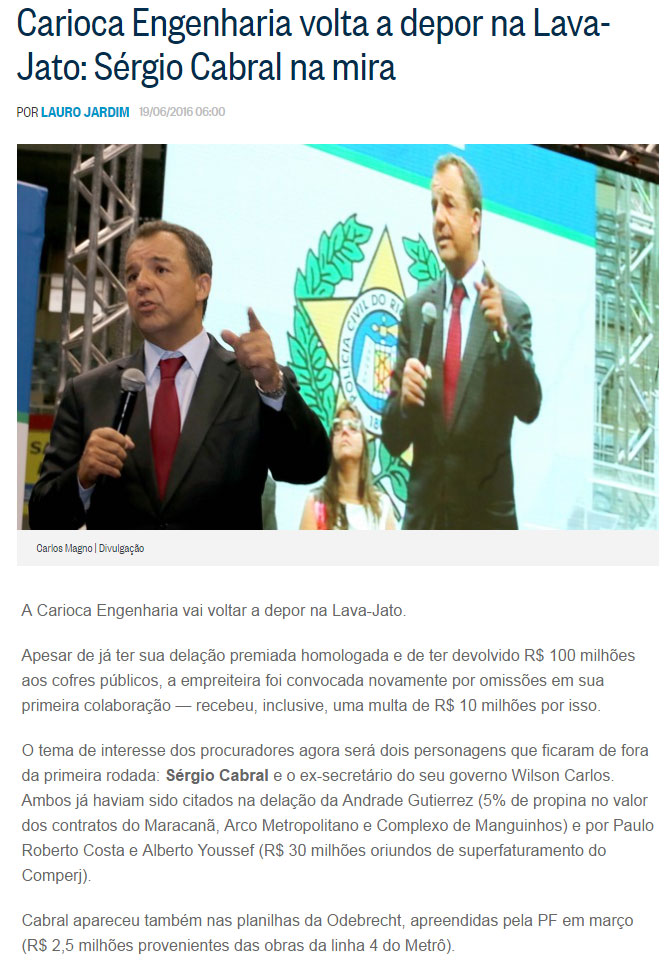 Reprodução da coluna de Lauro Jardim, do Globo