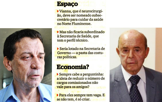Ex-prefeito de Campos, Arnaldo Vianna; no centro notas da coluna Extra, Extra!; ao lado Francisco Dornelles