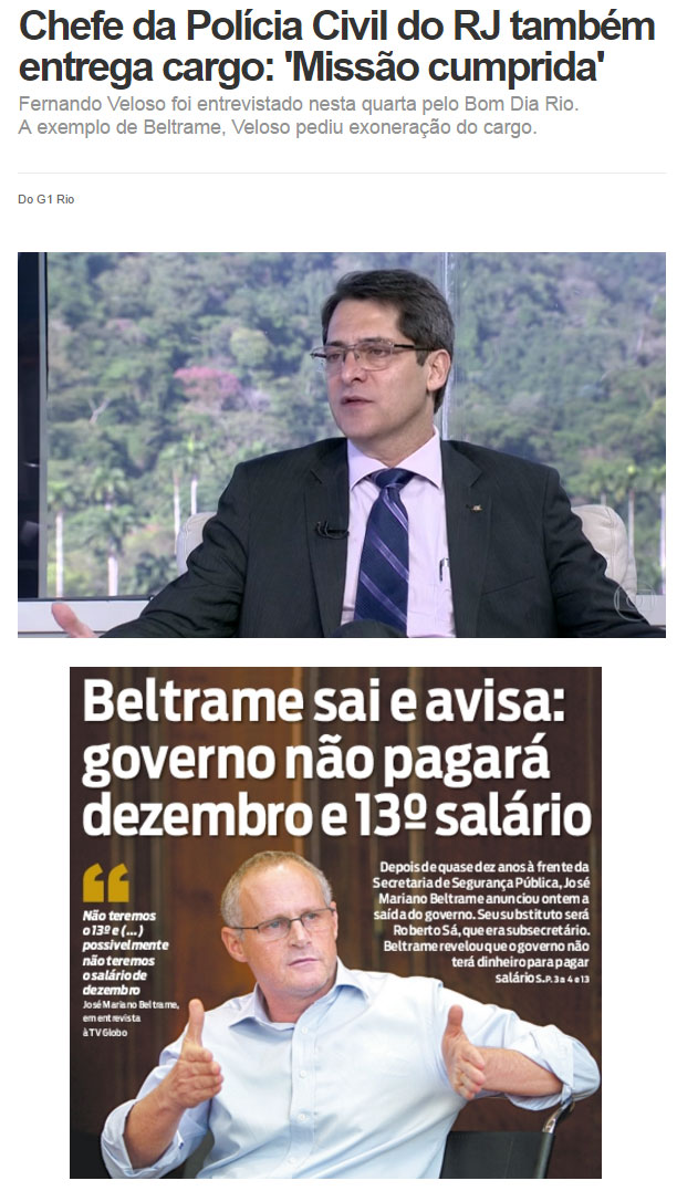 Reproduções do G1 e da capa do jornal O Dia