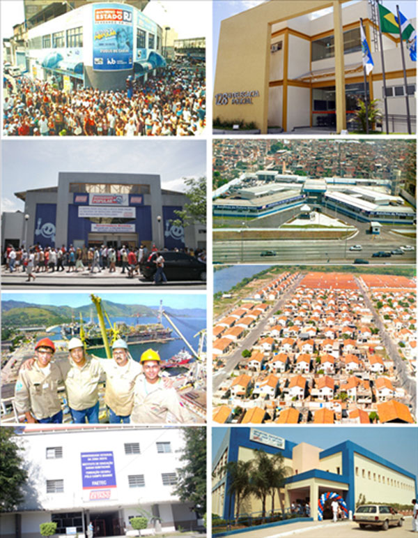 De cima para baixo algumas realizações dos governos Garotinho e Rosinha: (à esquerda: Farmácia Popular; Restaurante Popular; Estaleiro Verolme reaberto; Universidade da Zona Oeste); (à direita: Delegacia Legal; Batalhão da Maré; Casas Populares de Nova Sepetiba; Hospital de Itaboraí) 