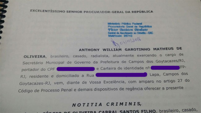 Protocolo de recebimento pela PGR da notícia-crime apresentada por Garotinho