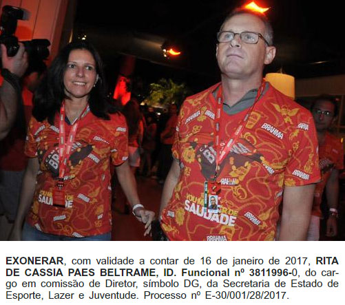 Rita Beltrame com o ex-secretário Beltrame no camarote da Brahma onde não perdiam um carnaval; abaixo reprodução do Diário Oficial de hoje