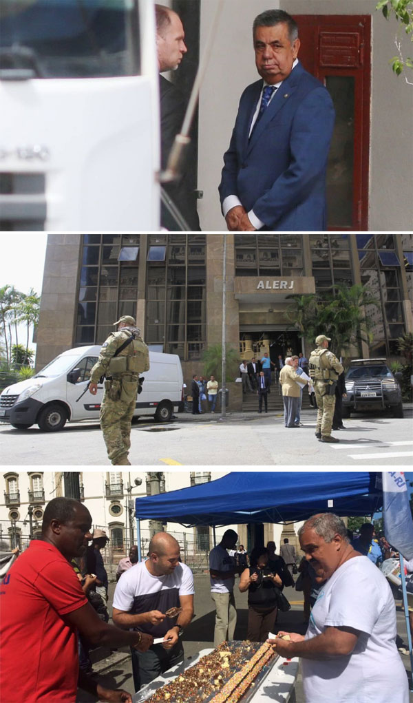Picciani sendo levado pela Polícia Federal; Comando Tático da PF na ALERJ; servidores comemoram na frente da Assembleia
